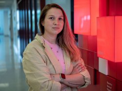 Alena Arzamastseva, shown inside Montclair State University’s School of Communication and Media.