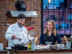 President Koppell cooking with gubernatorial candidate, Mikie Sherill, for the cooking show, Cooking with Koppell.