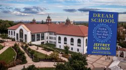 Aerial view of Montclair State University’s main building and pathways with the book cover of “Dream School: Finding the College That’s Right for You” by Jeffrey Selingo.