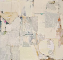 Nancy Bergman Pantirer’s Metaphorically, 2024, a mixed media collage and acrylic on canvas.