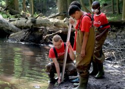 Eco-Explorers counselor and sixth graders test the water quality in the Third River