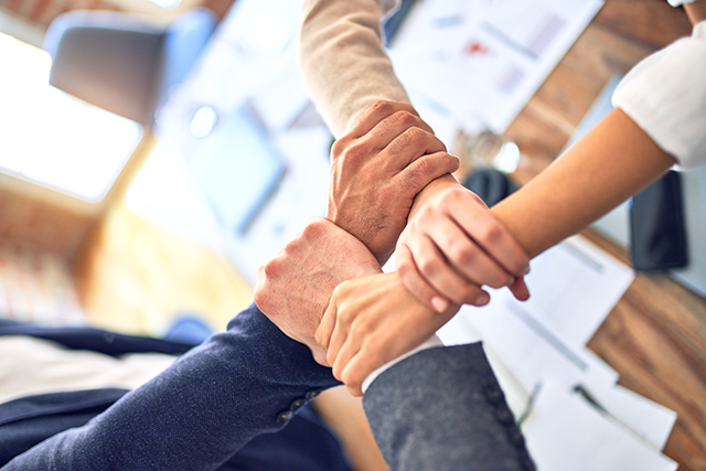 photo of four hands clasped together