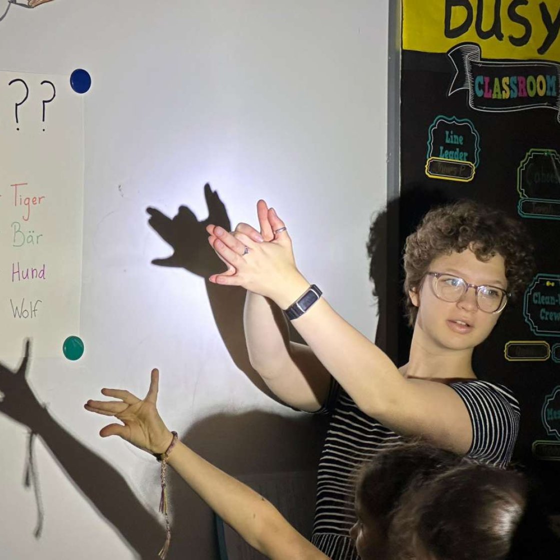 German student making shadow puppets on a whiteboard.