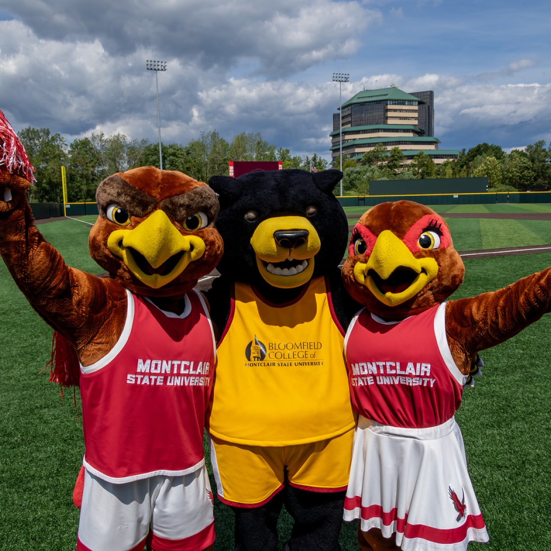 Three mascots wave on the baseball field, Rocky the Red Hawk, Deacon the Bear and Roxy.