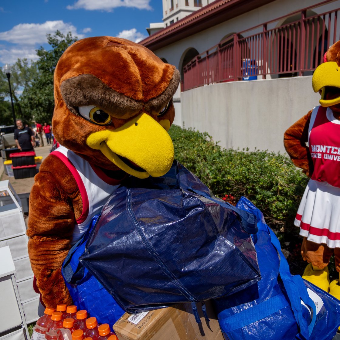 Rocky pushing a cart on move-in day while Roxy observes