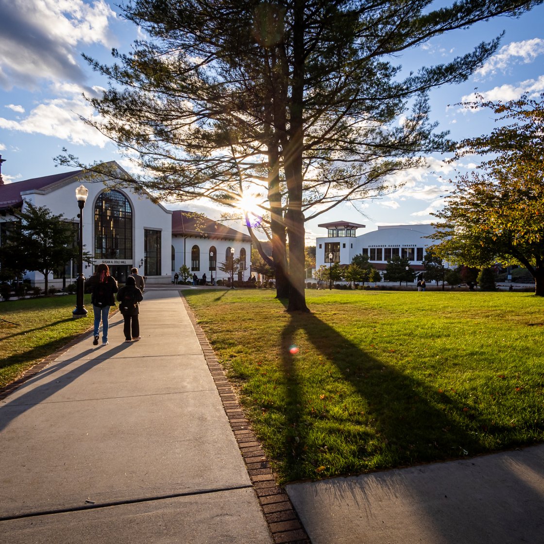 Shots of students on campus with a sunset in the background.
