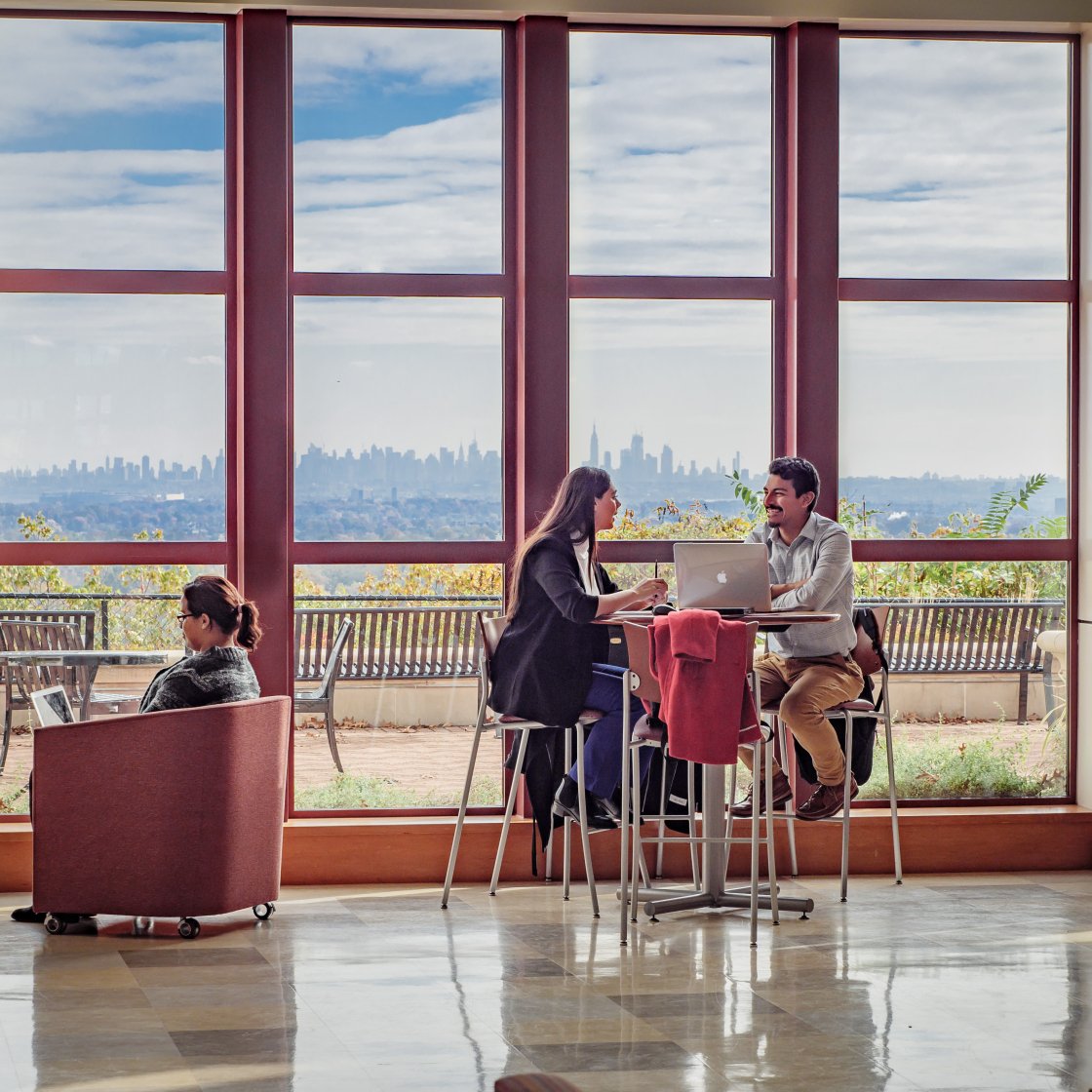 Two people are sitting in front at a table, with a skyline in the background through a window.