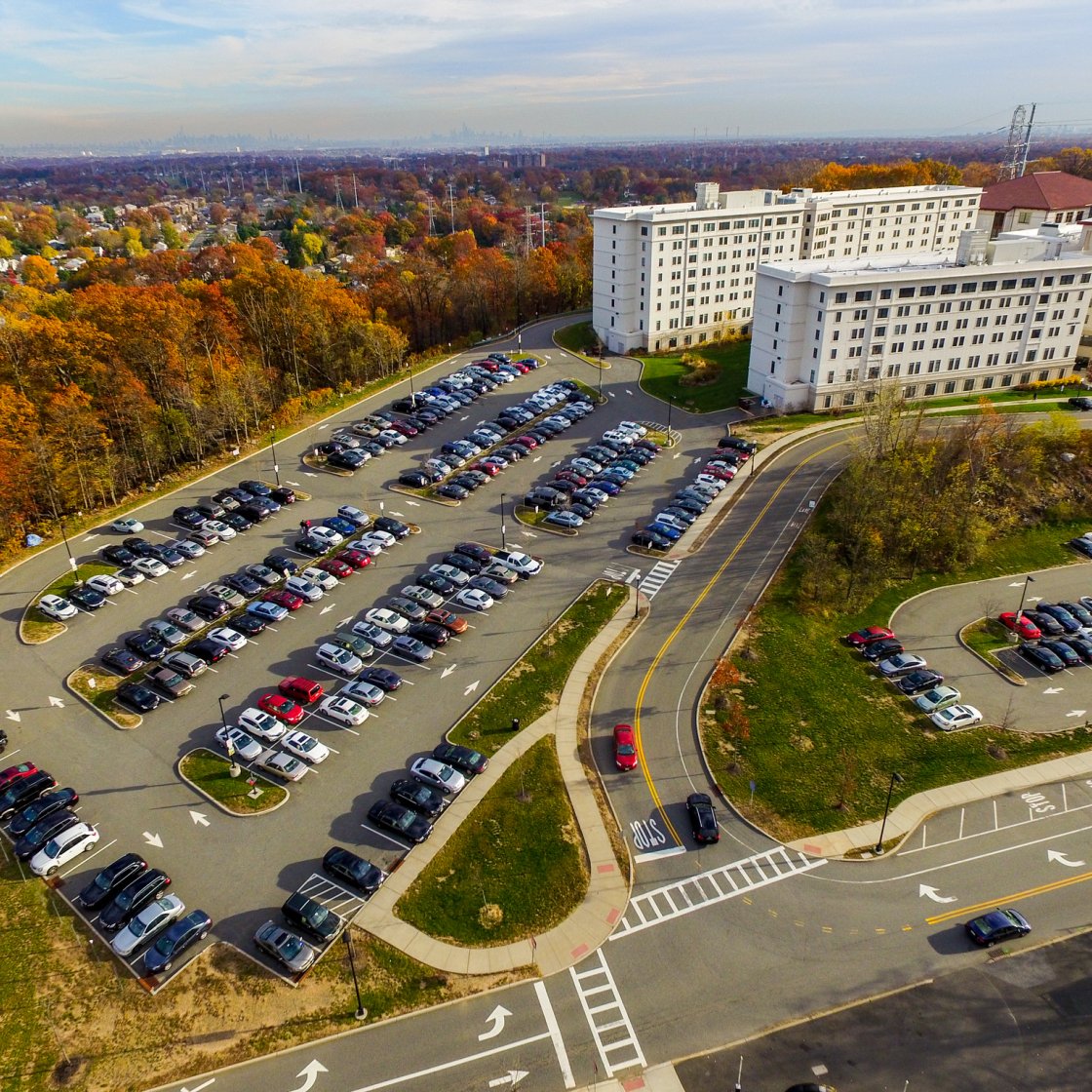 Ariel view of campus parking lot.