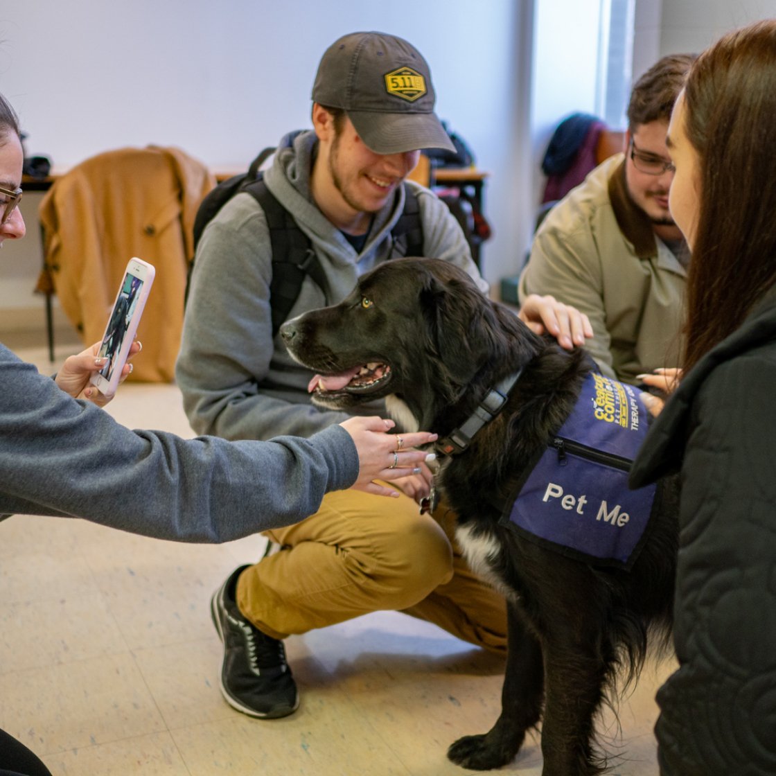 Group of students petting a dog, wearing a vest that says Pet Me.