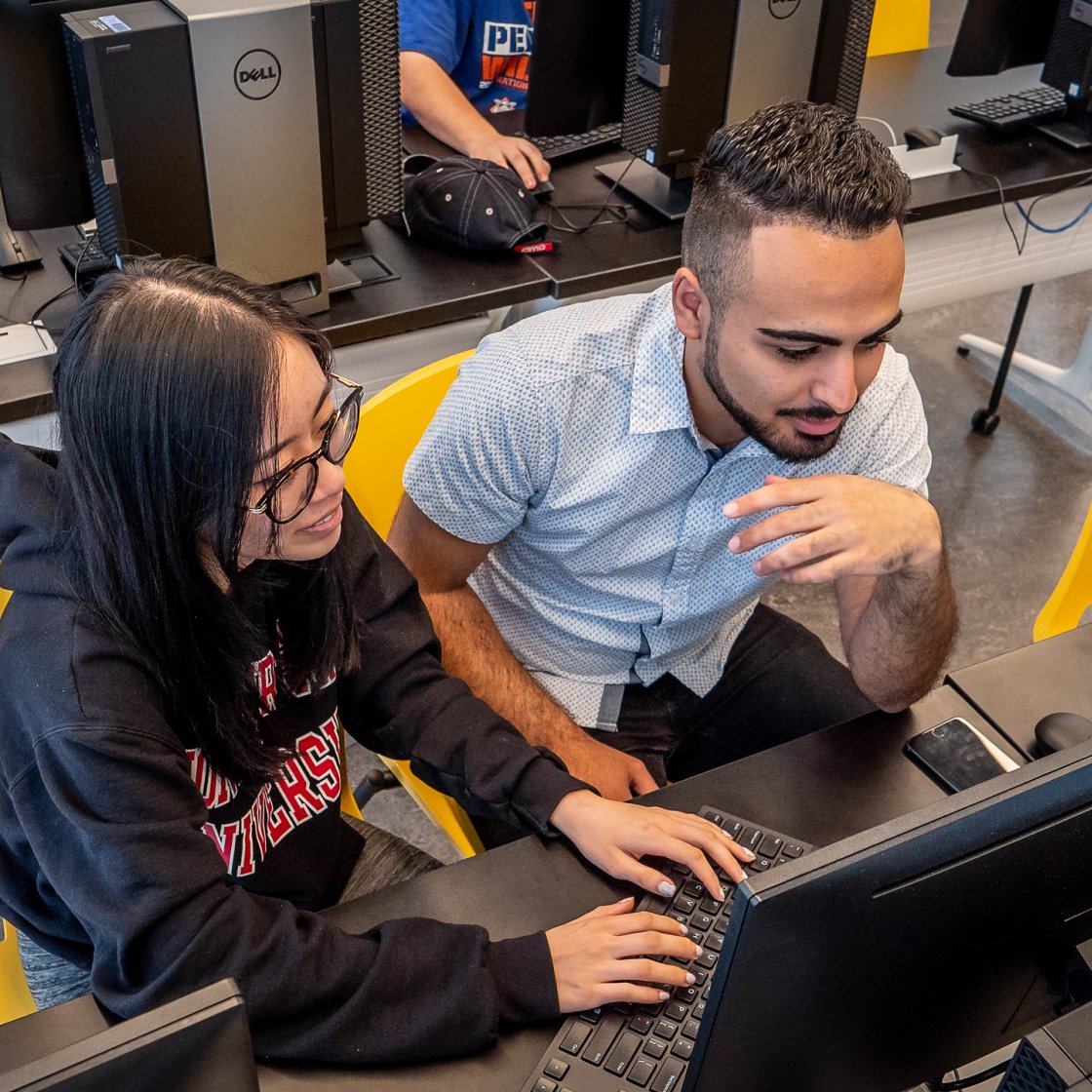 Two students sit at a desk and work on a computer.