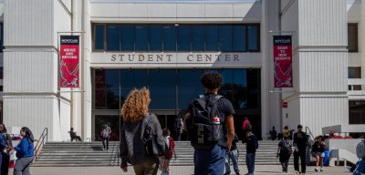 Students walking in front of the Student Center.