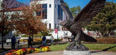 Red Hawk statue in fall.