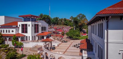Aerial photo of courtyard between Cole Hall and Kasser Theater