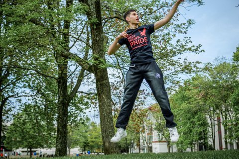 Jersey Joe jumps for joy.