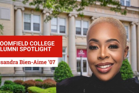 Cassandra Bien-Aime on Bloomfield College campus.