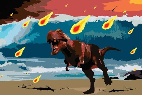 Artwork depicting Chicxulub impact, with dinosaur surrounded by asteroid flames