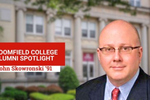 John Skowronski posing alongside Bloomfield College Alumni Spotlight words.