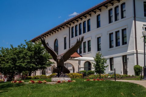 Hawk statue in front of Cole Hall