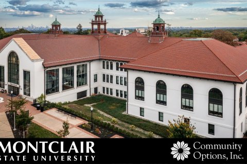 Aerial photo of Cole Hall with Montclair and Community Option logos