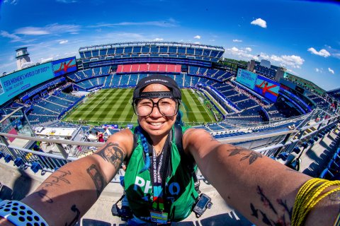Irish Maliborski takes a selfie high above Gillette Stadium/ Boston Stadium during the World Cup.