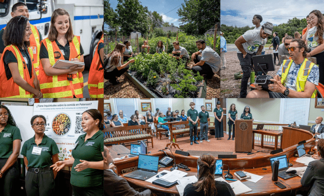 Collage of Green Teams students over 10 years working on sustainability projects across New Jersey, including urban gardens, farms, infrastructure sites and community presentations.