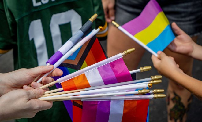 Several people hold and exchange small LGBTQ+ pride flags, including Progress Pride, lesbian, transgender, and pansexual flags.