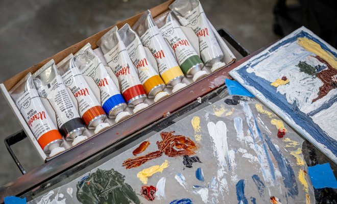 A set of paint and color swatches.