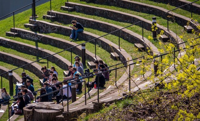 Students attend class in the Amphitheater on Montclair campus.