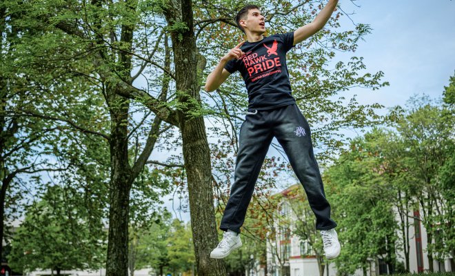 Jersey Joe jumps for joy.