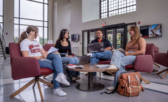 Four students sit in a modern lounge area with tall windows. They are engaged in a group discussion with notebooks, papers and laptops open.