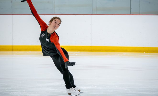 Olga Mikutina, Austria’s national figure skating champion, skates her short program during a training session at the Montclair State University Ice Arena.​