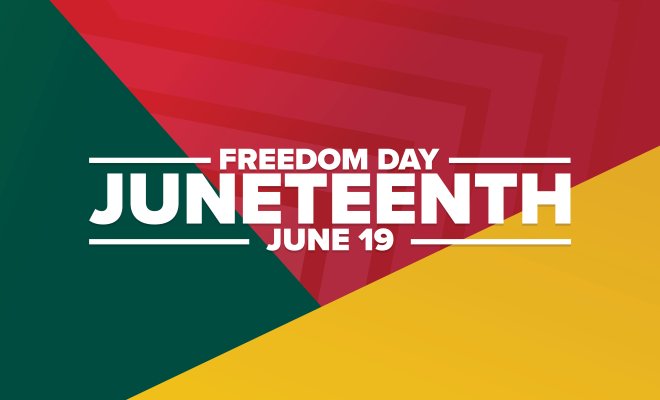 Graphic with green, red and yellow background, and the words "Freedom Day, Juneteenth, June 19"