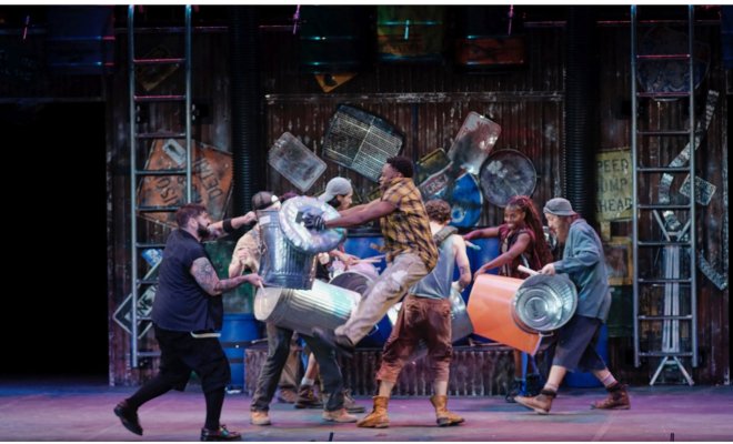 Isaiah Robinson and fellow cast members onstage in “Stomp!”