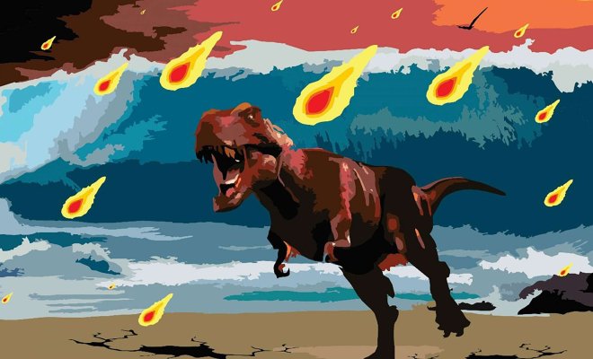Artwork depicting Chicxulub impact, with dinosaur surrounded by asteroid flames