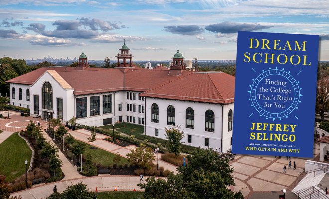 Aerial view of Montclair State University’s main building and pathways with the book cover of “Dream School: Finding the College That’s Right for You” by Jeffrey Selingo, highlighting the University’s recognition as a top Dream School.