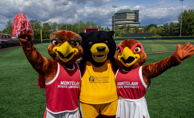 Three mascots wave on the baseball field, Rocky the Red Hawk, Deacon the Bear and Roxy.