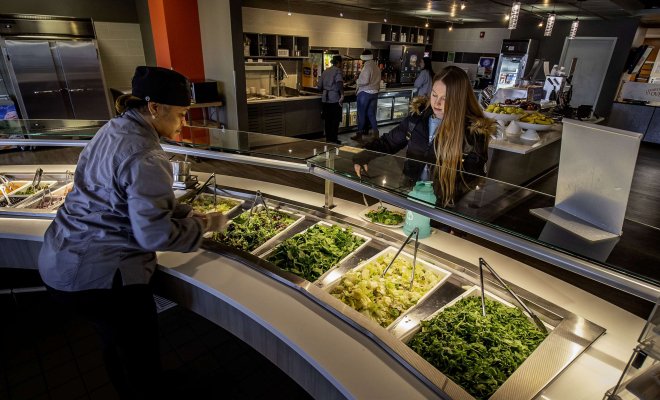 A salad bar offers healthy dining options.