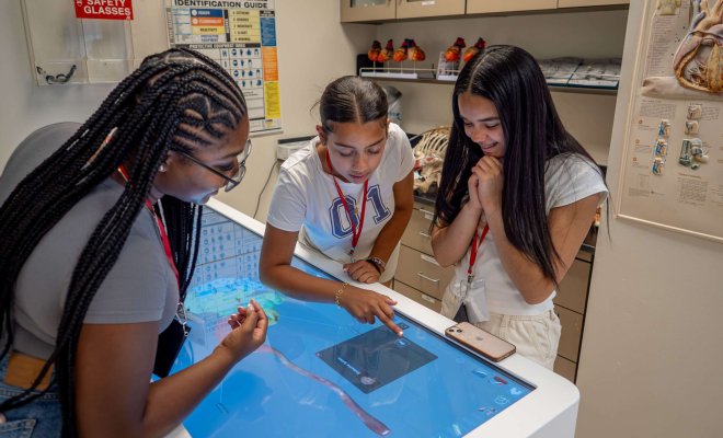 Students work on a human anatomy simulation system at Montclair State University.
