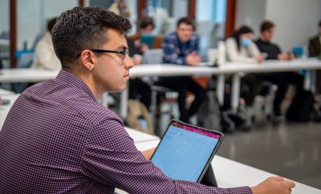 A student in an interactive classroom at Montclair State University