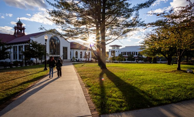 Shots of students on campus with a sunset in the background.