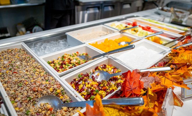 Display of food in containers.