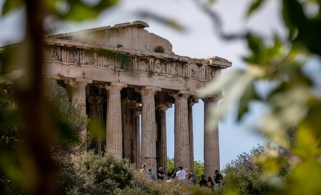 The Parthenon with a tour group in front.