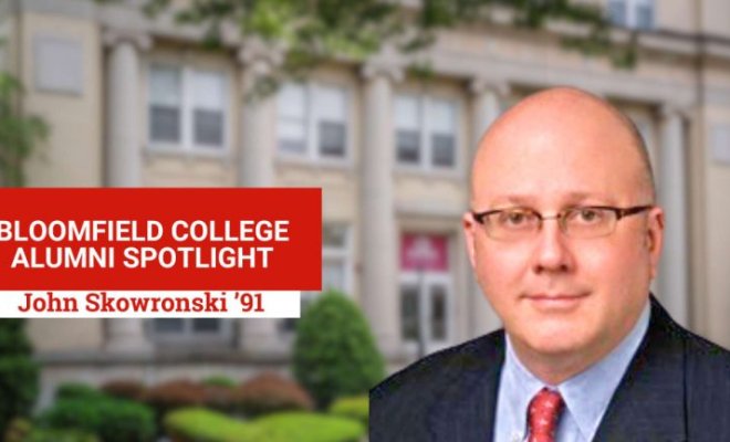 John Skowronski posing alongside Bloomfield College Alumni Spotlight words.