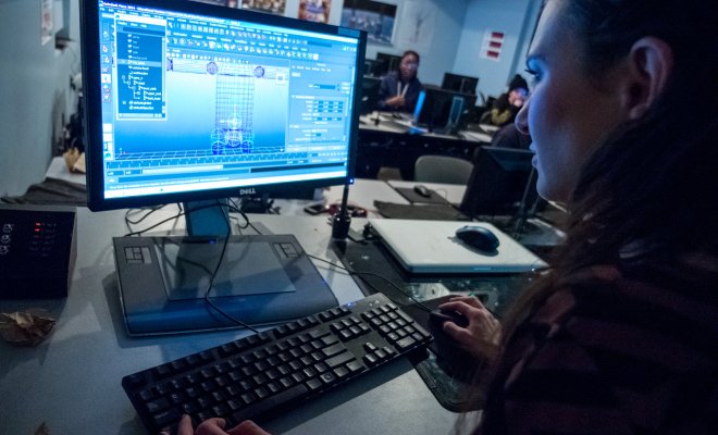Student in front of a computer using Animation software.