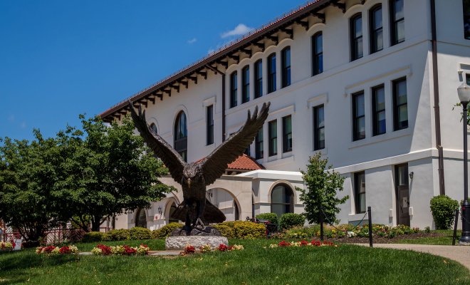 Hawk statue in front of Cole Hall