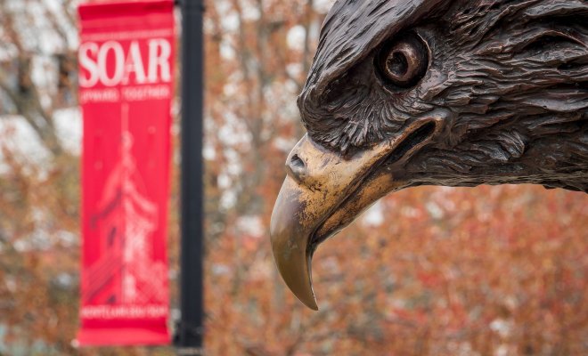 The Red Hawk statue in the forefront of the photo. In the background, a sign that says soar.
