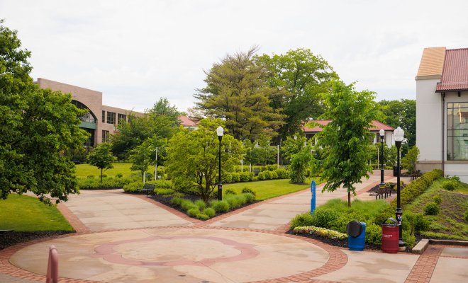 Photo of walkways near Susan A Cole Hall and Sprague Library.