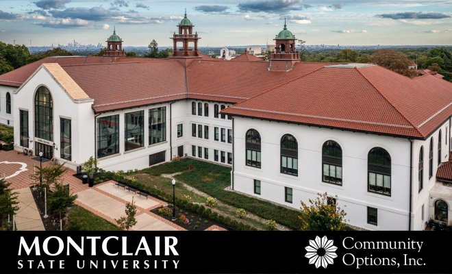 Aerial photo of Cole Hall with Montclair and Community Option logos