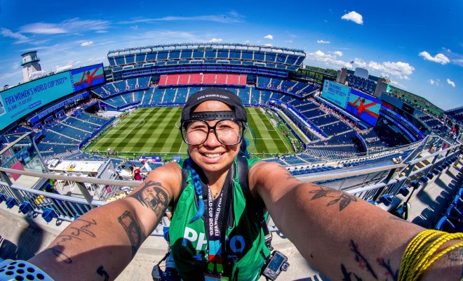 Irish Maliborski takes a selfie high above Gillette Stadium/ Boston Stadium during the World Cup.