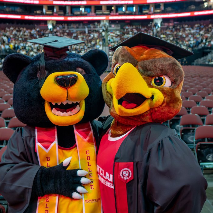 Deacon the Bear and Rocky the Red Hawk, Bloomfield and Montclair's mascots, don caps and gowns